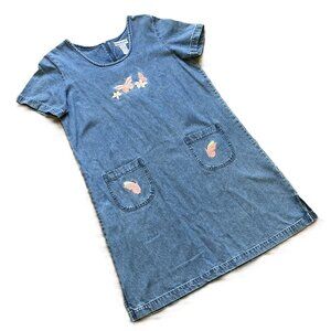 Compliments Denim Short Sleeve Dress Knee Length Butterfly Embroidery Vintage90s